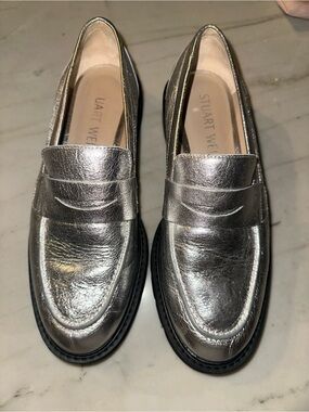 Stuart Weitzman Metallic Silver Penny Loafers